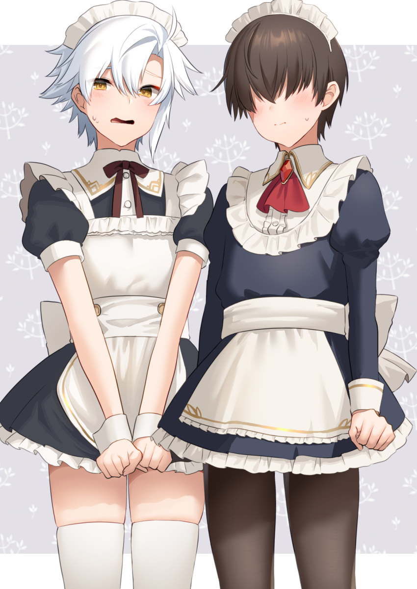 2boys alternate_costume brown_hair brown_legwear emperor_(sennen_sensou_aigis) enmaided frills grey_background hair_over_eyes highres juliet_sleeves long_sleeves looking_at_viewer maid maid_headdress male_focus mizuki_eiru_(akagi_kurage) multiple_boys pantyhose prince_(sennen_sensou_aigis) puffy_sleeves sennen_sensou_aigis short_sleeves simple_background standing sweatdrop thighhighs white_hair white_legwear wrist_cuffs yellow_eyes