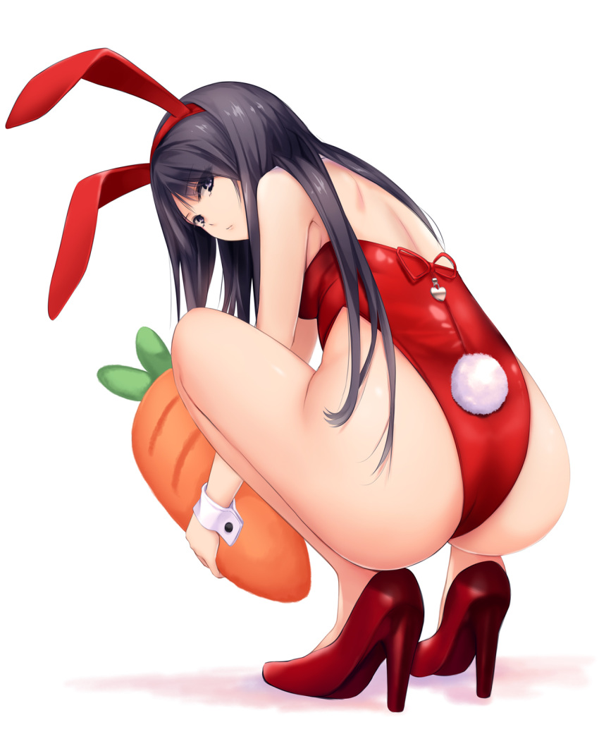 1girl animal_ears bare_legs black_eyes black_hair bunny_ears bunny_girl bunny_tail bunnysuit carrot coffee-kizoku commentary_request from_behind full_body high_heels highres leotard long_hair looking_at_viewer looking_back original red_footwear red_leotard shiramine_rika simple_background solo squatting strapless strapless_leotard tail white_background wrist_cuffs