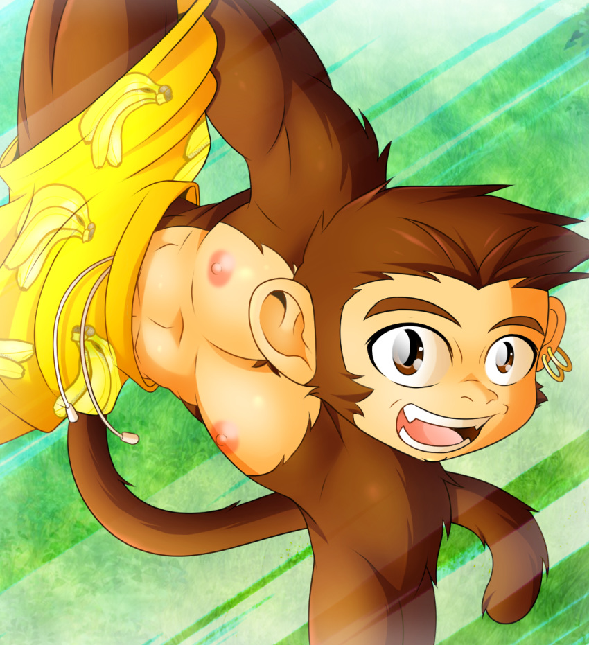 animal_strife banana bottomwear brown_body brown_eyes brown_fur clothed clothing fire_conejo food fruit fur hair hairy haplorhine happy hi_res long_tail mammal monkey movement muscular plant primate short_hair shorts topless