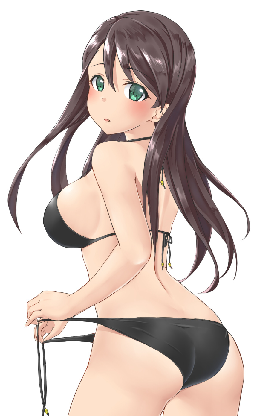 1girl aimobake ass bikini black_hair breasts cowboy_shot from_behind green_eyes highres idolmaster idolmaster_cinderella_girls long_hair looking_at_viewer looking_back medium_breasts nishikawa_honami simple_background solo standing swimsuit tying untied untied_bikini white_background