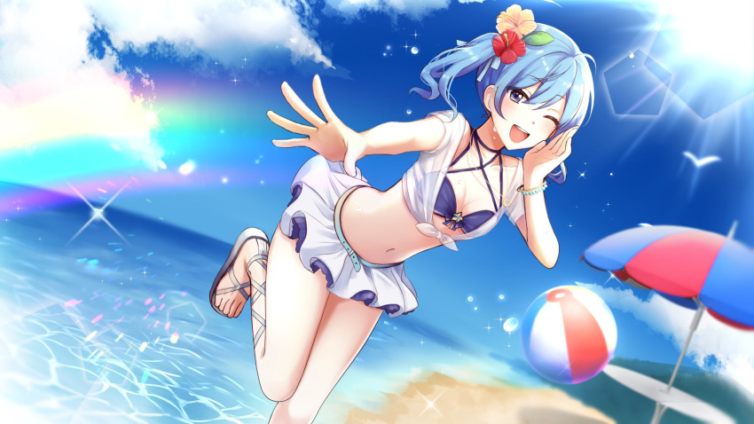 1girl ahoge aqua_hair ball bare_legs beach beach_umbrella beachball bikini bikini_skirt bird blue_bikini blue_eyes bracelet breasts cleavage cloud cloudy_sky collarbone criss-cross_halter crop_top day droplet dutch_angle eyebrows_visible_through_hair flower foreshortening hair_between_eyes hair_flower hair_ornament halterneck highres hololive hoshimachi_suisei hoshimachi_suisei_(artist) jewelry lens_flare looking_at_viewer medium_breasts midriff navel ocean one_eye_closed open_mouth outdoors outstretched_hand pearl_bracelet rainbow sandals seagull see-through shirt side_ponytail sky smile solo suisei_channel sun sunlight swimsuit thighs tied_shirt umbrella virtual_youtuber