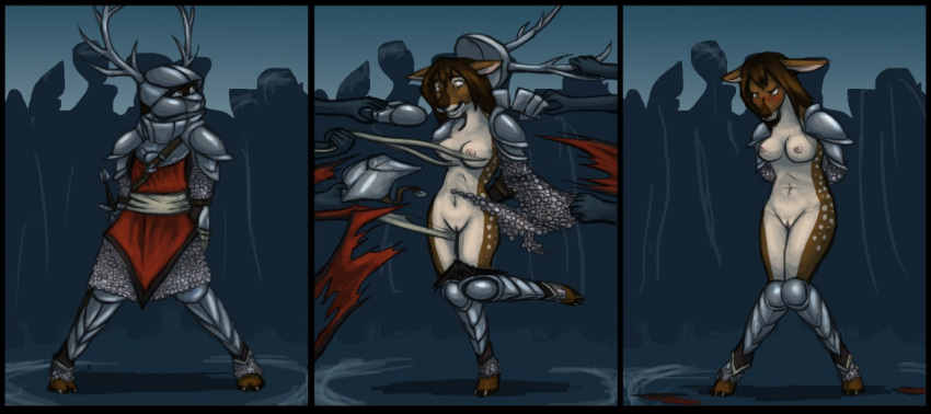 armor assisted_exposure blush bound breasts captured cervid clothing comic crowd destroyed_clothing embarrassed female forced_nudity genitals group hair hands_tied hooves knees_together knight lonelyworld mammal melee_weapon navel nipples nude public_exposure public_nudity pussy surprise sword torn_clothing warrior weapon