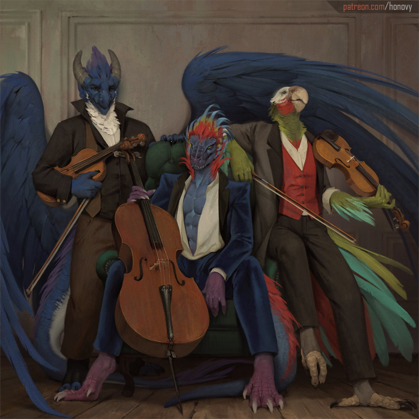 1:1 2020 3_toes 4_toes 5_fingers abs anthro avian barefoot beak bird blue_body blue_feathers bowed_string_instrument cello clothed clothing detailed_background digital_media_(artwork) dinosaur dragon dromaeosaurid feathered_dragon feathered_wings feathers fingers group hi_res honovy male musical_instrument parrot reptile scalie sitting standing string_instrument text theropod toes url violin wings