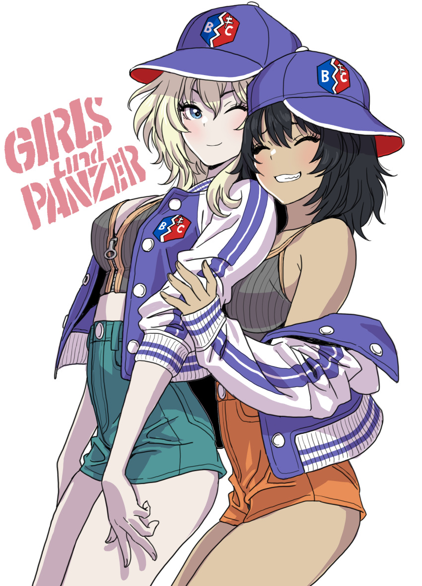 2girls absurdres alternate_costume andou_(girls_und_panzer) arm_grab baseball_cap bc_freedom_(emblem) black_hair blonde_hair blue_eyes blush breasts closed_eyes copyright_name emblem girls_und_panzer hair_between_eyes hat highres jacket letterman_jacket long_hair medium_breasts midriff multiple_girls off_shoulder one_eye_closed oshida_(girls_und_panzer) short_shorts shorts smile tan white_background yamashita_shun'ya