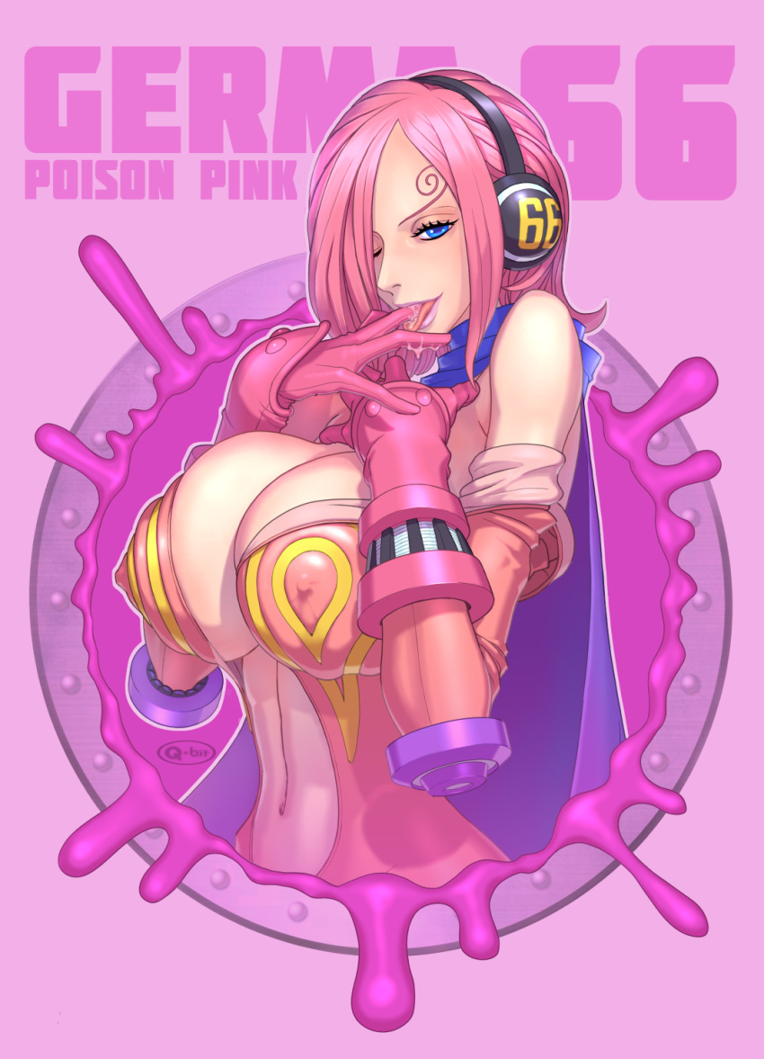1girl ;p artist_name blue_eyes blush breasts cleavage eyebrows finger_licking gloves headphones highres huge_breasts large_breasts licking looking_at_viewer medium_hair navel one_eye_closed one_piece pink_background pink_hair q-bit saliva simple_background smile solo tongue tongue_out vinsmoke_reiju