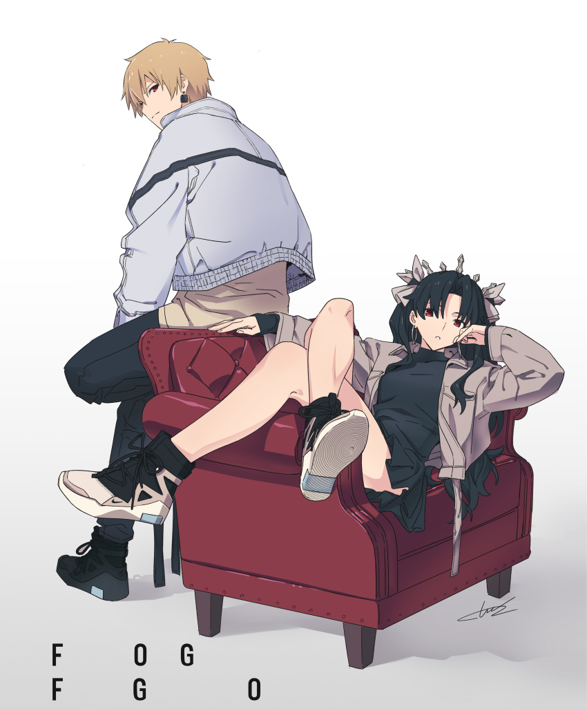 1boy 1girl absurdres back black_hair black_skirt blonde_hair couch crossed_legs crown denim earrings fate/grand_order fate_(series) gilgamesh highres ishtar_(fate)_(all) ishtar_(fate/grand_order) jacket jeans jewelry long_hair looking_at_viewer lying on_back open_mouth pants pleated_skirt red_eyes shoes sitting skirt sneakers tarou2