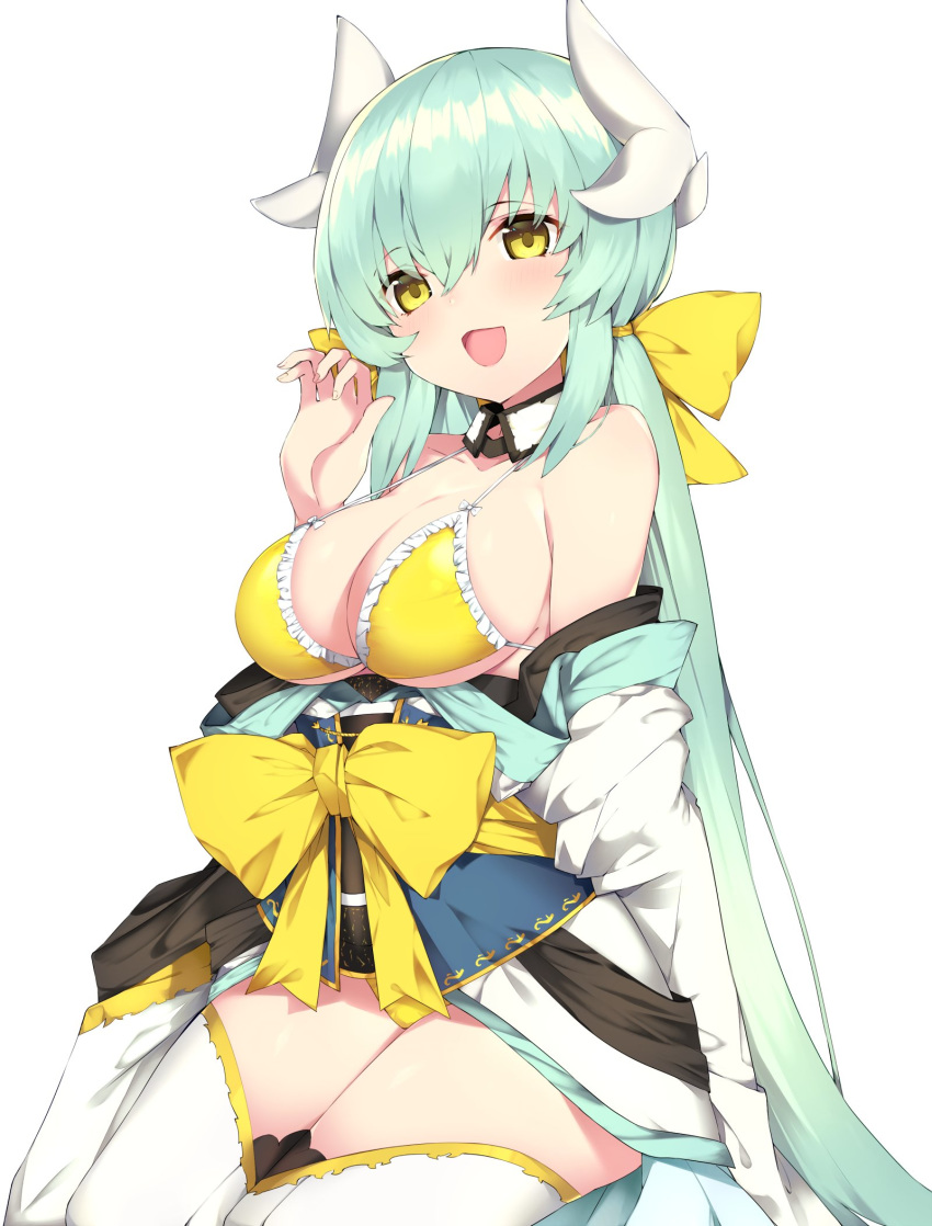 1girl bangs bare_shoulders bikini blush breasts cleavage detached_collar eyebrows_visible_through_hair fate/grand_order fate_(series) frilled_bikini_top green_hair hair_between_eyes hair_intakes hair_ribbon hand_up haruyuki_(yukichasoba) highres horns kiyohime_(fate/grand_order) kiyohime_(swimsuit_lancer)_(fate) legs_together long_hair long_sleeves looking_at_viewer low_twintails off-shoulder_kimono open_mouth ribbon shiny shiny_hair simple_background smile solo strap_gap string_bikini swimsuit thighs twintails underboob very_long_hair yellow_bikini yellow_eyes yellow_ribbon