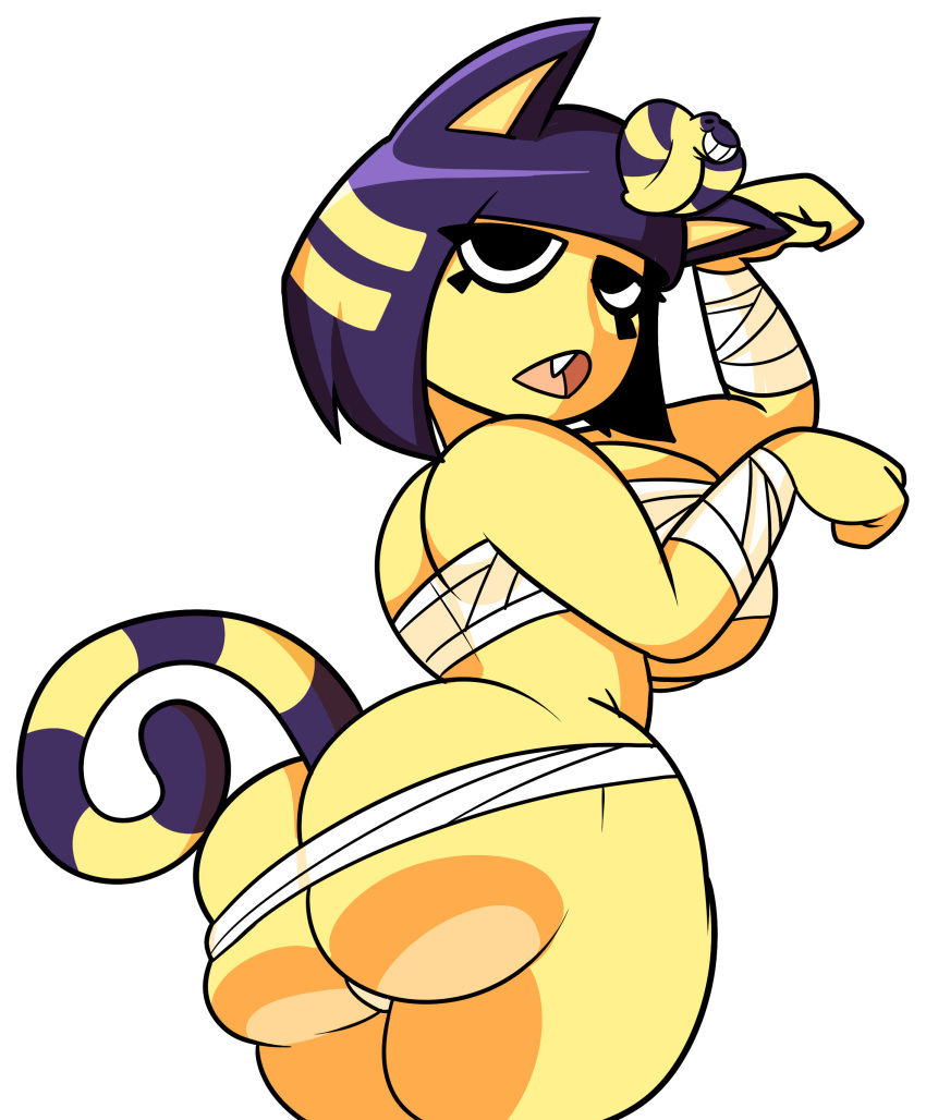 2018 absurd_res animal_crossing ankha_(animal_crossing) anthro anthrofied big_breasts blue_hair breasts butt clothed clothing domestic_cat fangs felid feline felis female fur hair half-closed_eyes hi_res mammal narrowed_eyes nintendo open_mouth simple_background solo striped_tail stripes superspoe video_games white_background yellow_body yellow_fur