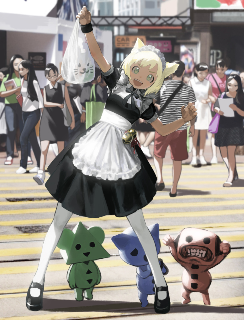 3others 6+girls animal_ears armband bag blonde_hair check_character commentary_request crowd day full_body green_eyes highres holding holding_bag looking_at_viewer maid maid_headdress medium_skirt multiple_girls multiple_others open_mouth original pantyhose pavement plastic_bag pose sara_manta shoes short_hair short_sleeves skirt smile solo_focus standing teeth white_legwear