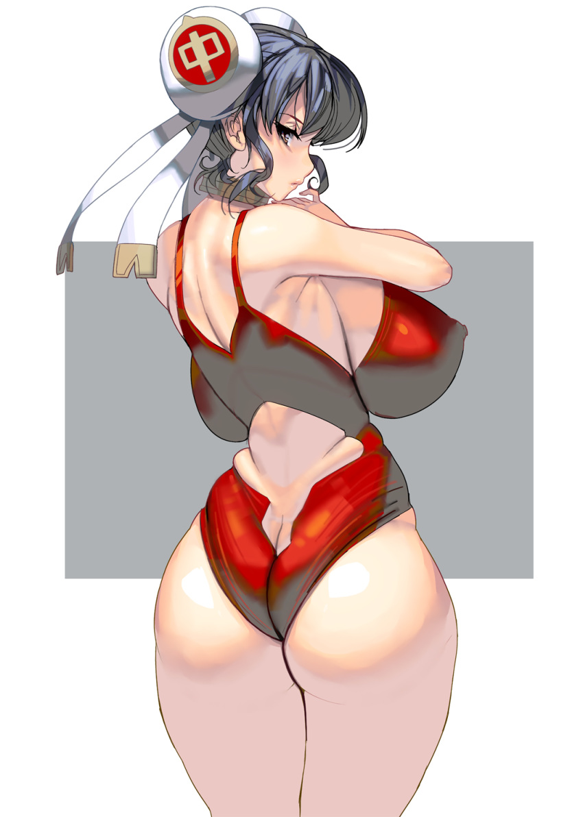 1girl ass back_cutout backboob black_hair breasts brown_eyes bun_cover butt_crack covered_nipples cowboy_shot curvy double_bun flat_ass from_behind highres huge_breasts jewelry looking_back masao neck_ring one-piece_swimsuit original plump red_swimsuit revision short_hair sideboob solo swimsuit two-tone_background