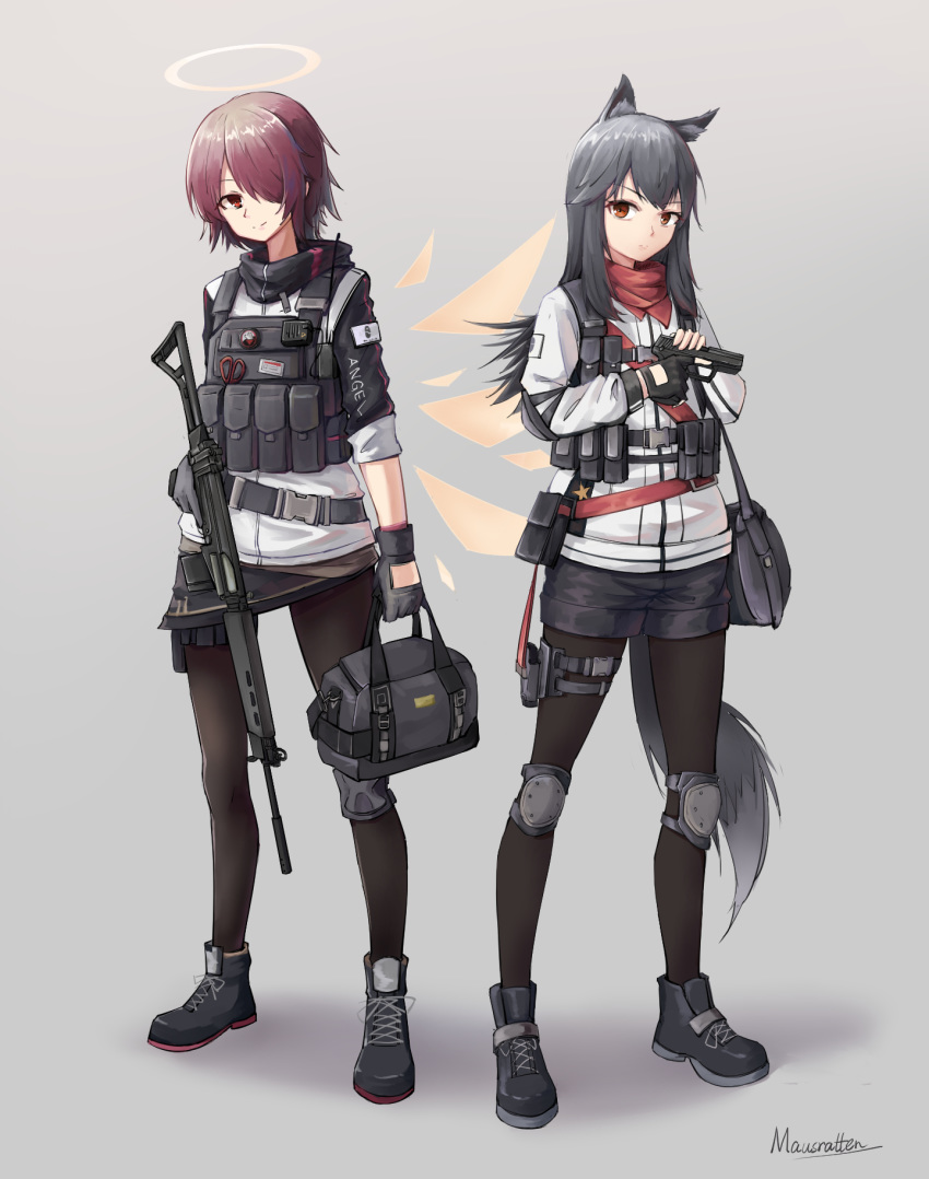 2girls animal_ears arknights artist_request bag battle_rifle black_hair black_legwear boots chinese_commentary commentary_request energy_wings exusiai_(arknights) fingerless_gloves fn_fal gloves gun h&amp;k_usp halo handgun highres knee_pads multiple_girls pantyhose red_eyes red_hair rifle shorts skirt tail texas_(arknights) weapon wolf_ears wolf_tail