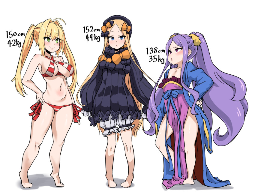 3girls abigail_williams_(fate/grand_order) ahoge bangs barefoot bikini blonde_hair blue_eyes blush bow breasts cleavage dress eyebrows_visible_through_hair fate/grand_order fate_(series) green_eyes hair_bow hand_on_hip hat height_difference highres kishin_tatu long_hair multiple_girls navel nero_claudius_(fate)_(all) nero_claudius_(swimsuit_caster)_(fate) open_mouth parted_bangs purple_eyes purple_hair simple_background sleeves_past_wrists solo swimsuit tiptoes twintails very_long_hair white_background wu_zetian_(fate/grand_order)