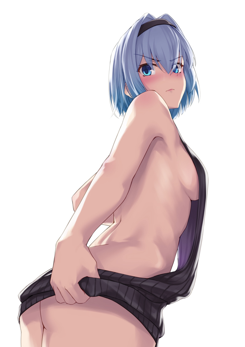 1girl absurdres ass black_sweater blue_eyes blue_hair blush breasts from_below from_side glaring hair_between_eyes highres light_(sdga5524) medium_breasts meme_attire no_panties ryuuou_no_oshigoto! short_hair sideboob solo sora_ginko sweater underboob v-shaped_eyebrows virgin_killer_sweater white_background