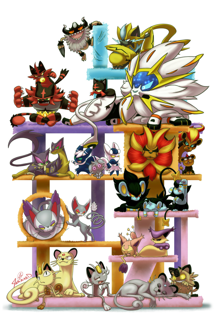 :&lt; :3 absurdres alolan_form alolan_meowth alolan_persian artist_name cat cat_tower claws crazy_eyes crazy_smile delcatty espurr expressionless fangs galarian_form galarian_meowth gen_1_pokemon gen_3_pokemon gen_4_pokemon gen_5_pokemon gen_6_pokemon gen_7_pokemon gen_8_pokemon glameow glowing glowing_eyes highres incineroar jarzard liepard litleo litten looking_at_viewer looking_down looking_up luxio luxray meowstic meowstic_(female) meowstic_(male) meowth no_humans perrserker persian pokemon pokemon_(creature) purrloin purugly pyroar pyroar_(female) pyroar_(male) sharp_teeth shinx simple_background skitty sleeping smile solgaleo tail teeth torracat zeraora