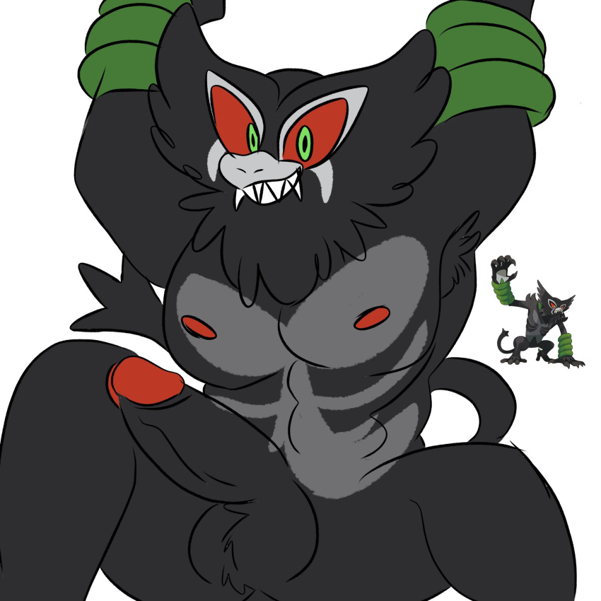 1:1 2020 abs anthro anthrofied areola balls black_balls black_body black_fur black_penis claws erection fangs fur genitals glans green_eyes grey_body grey_fur hi_res humanoid_genitalia humanoid_penis ken_sugimori legendary_pok&eacute;mon looking_at_viewer male mammal muscular muscular_male nintendo nipples nude official_art pecs penis pok&eacute;mon pok&eacute;mon_(species) pok&eacute;morph pose primate red_eyes red_glans reference_image retracted_foreskin sharp_teeth sitting sleepyree smile solo spread_legs spreading teeth uncut video_games zarude