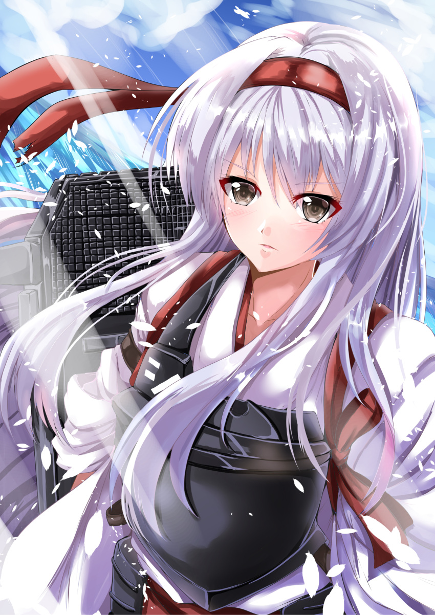 1girl absurdres blue_sky cloud commentary_request hairband headband highres japanese_clothes kantai_collection kentan_(kingtaiki) light_beam long_hair machinery muneate red_headband shoukaku_(kantai_collection) sky solo upper_body white_hair