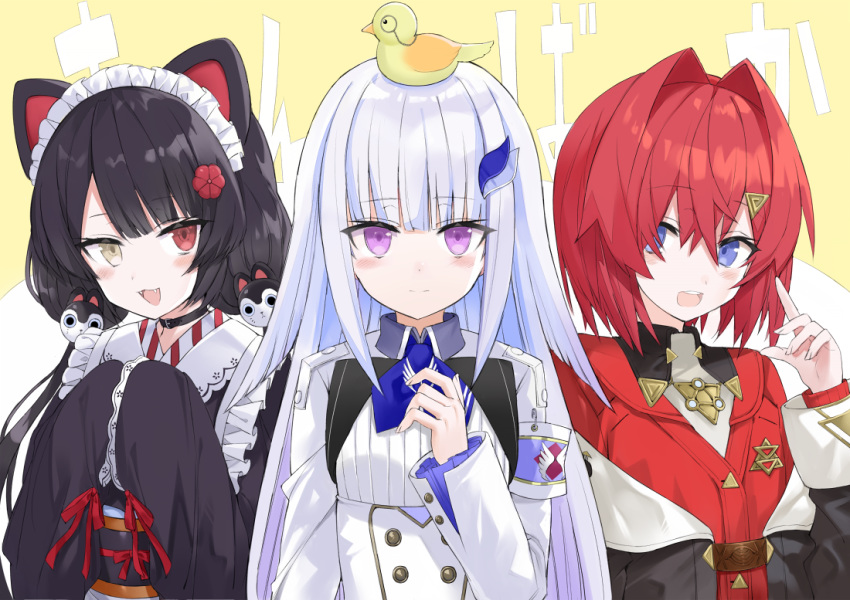 3girls :d ange_katrina animal_ears animal_on_head armband bird black_choker black_hair black_jacket black_kimono blue_eyes blush brown_eyes choker closed_mouth commentary_request dog_ears dog_hair_ornament dress flower hair_flower hair_ornament hairclip hand_up heterochromia index_finger_raised inui_toko jacket japanese_clothes kimono kuhotaka lize_helesta long_hair long_sleeves looking_at_viewer maid_headdress multiple_girls nijisanji on_head open_mouth purple_eyes red_eyes red_flower red_hair red_jacket safety_pin sebastian_piyodore shirt shrug_(clothing) silver_hair sleeves_past_fingers sleeves_past_wrists smile upper_body virtual_youtuber wa_maid white_dress white_shirt