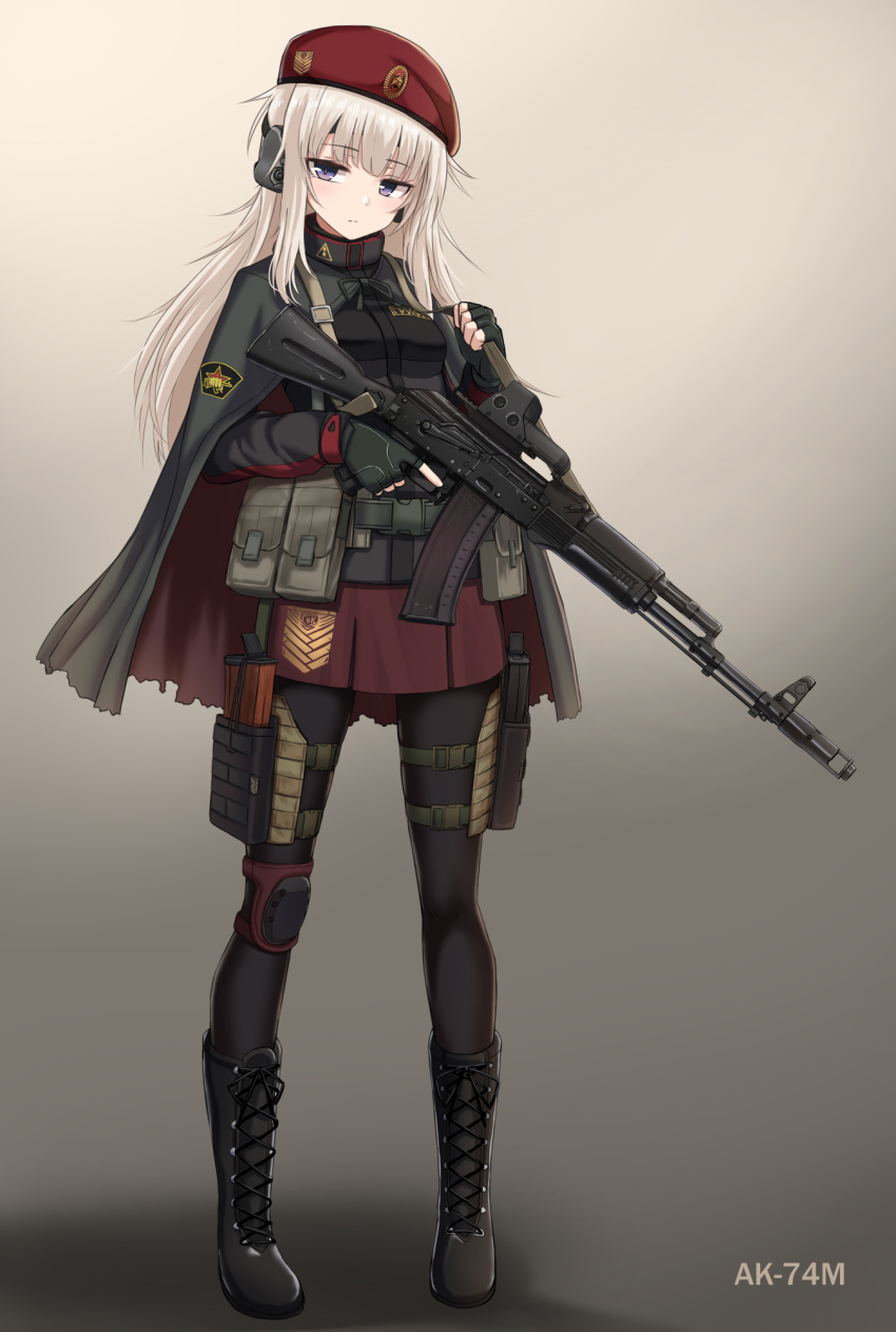 1girl ak-74m ammunition_pouch belt_pouch beret black_footwear black_gloves black_jacket black_legwear boots buckle cape closed_mouth commentary_request cross-laced_footwear ear_protection eyebrows_visible_through_hair fingerless_gloves full_body girls_frontline gloves grey_background grey_cape gun hat highres holding holding_gun holding_weapon jacket knee_pads lace-up_boots light_brown_hair long_hair long_sleeves looking_at_viewer original pantyhose pleated_skirt pouch purple_eyes rabochicken red_headwear red_skirt skirt solo standing trigger_discipline very_long_hair weapon