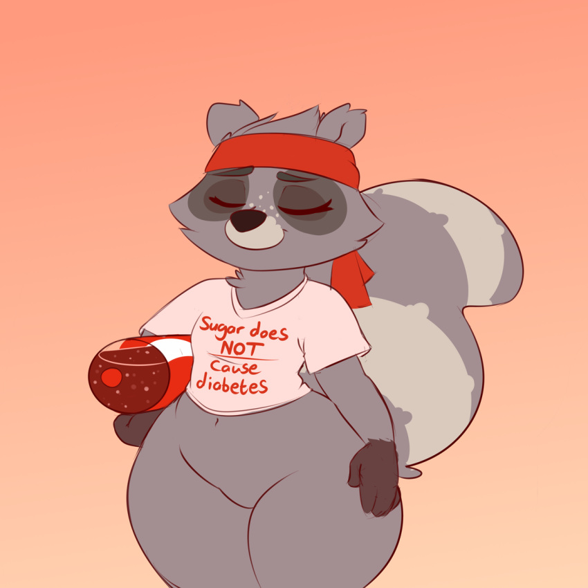 1:1 bandanna beverage breasts clothing cracker_(artist) electronic_arts eyes_closed featureless_crotch female hi_res mammal navel peggle popcap_games procyonid raccoon roxy_raccoon shirt small_breasts smile soda t-shirt thick_thighs topwear video_games wide_hips