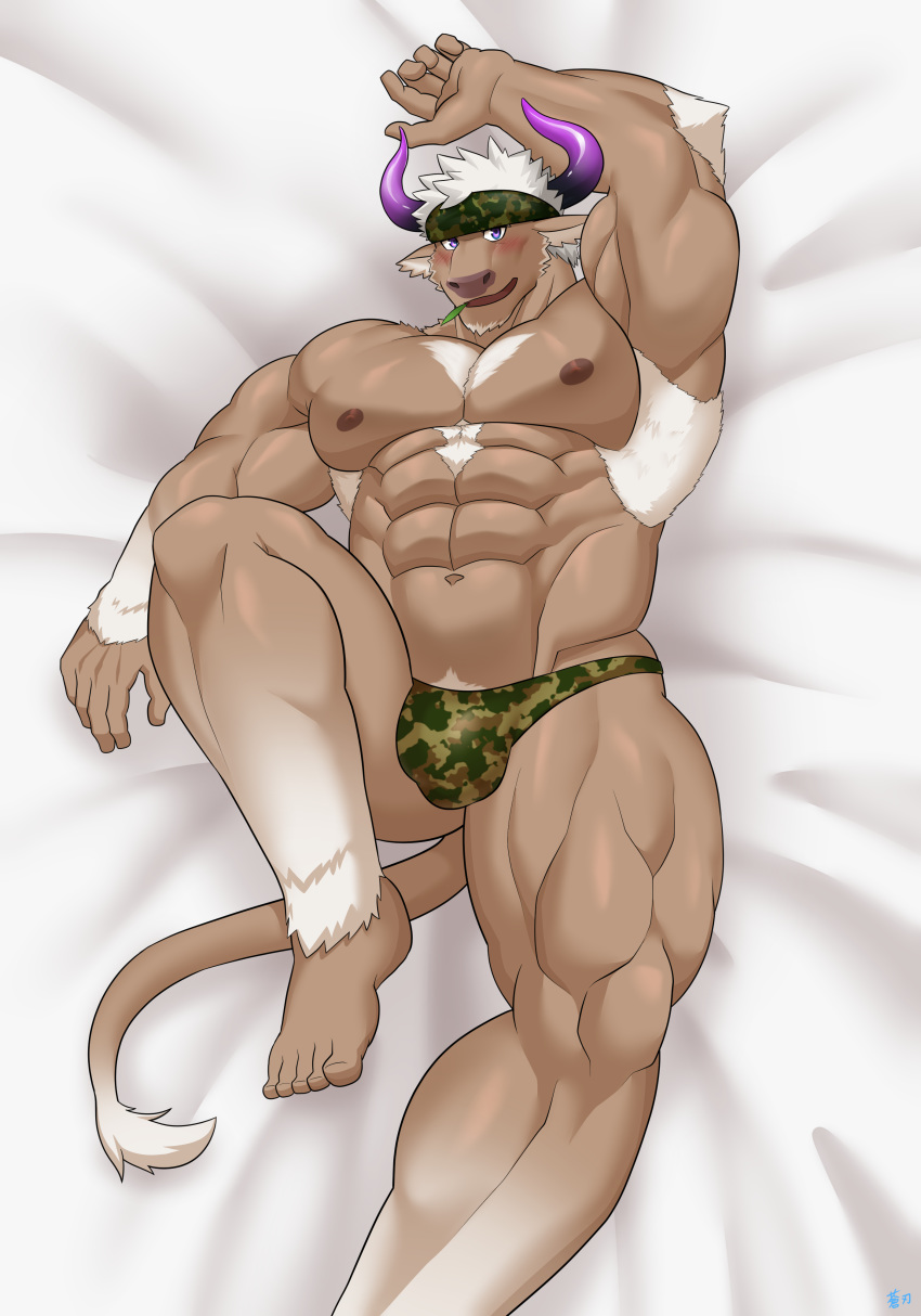5_fingers 5_toes abs absurd_res accessory bed blush bovid bovine brown_body brown_fur bulge camo camo_print camo_underwear cattle clothed clothing fingers fur furniture hair headband hi_res horn lying male mammal muscular muscular_male nipples on_back on_bed open_mouth pecs purple_eyes shennong sojin_advance solo tail_tuft toes tokyo_afterschool_summoners topwear tuft underwear_only video_games white_hair