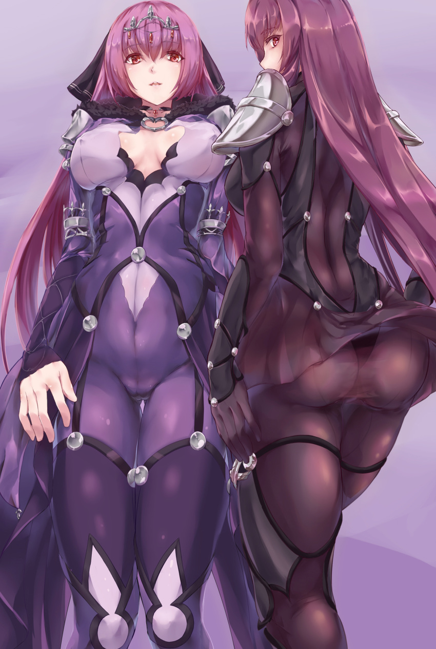 2girls armlet ass bangs blush bodysuit breasts covered_navel dedeyong dress fate/grand_order fate_(series) fur-trimmed_dress fur_trim hair_between_eyes hair_intakes hair_ribbon highres jewelry large_breasts long_hair looking_at_viewer looking_back multiple_girls open_mouth pauldrons pendant purple_background purple_bodysuit purple_dress purple_hair purple_ribbon red_eyes ribbon scathach_(fate)_(all) scathach_(fate/grand_order) scathach_skadi_(fate/grand_order) smile thighs tiara