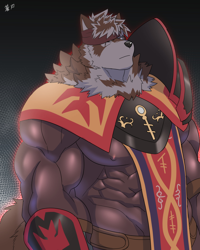 4:5 absurd_res accessory anthro armor canid canine canis fur headband hi_res looking_at_viewer male mammal multicolored_body multicolored_fur muscular muscular_male nipples pauldron scar sojin_advance solo tokyo_afterschool_summoners two_tone_body two_tone_fur video_games volkv_vseslav wolf