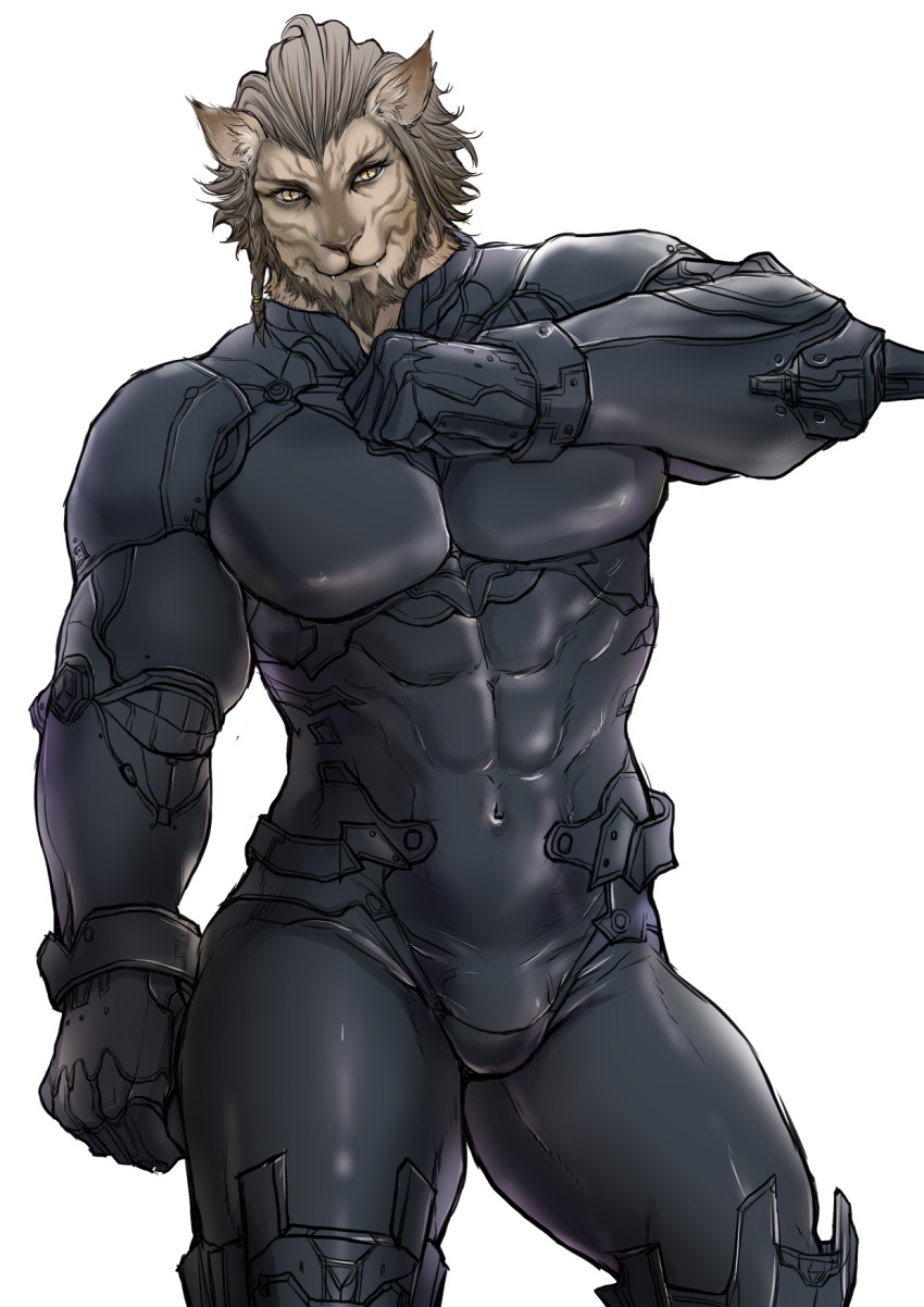 anthro bulge chinchilla3333 clothed clothing felid final_fantasy final_fantasy_xiv fur hi_res hrothgar inner_ear_fluff looking_at_viewer male mammal simple_background square_enix tuft video_games white_background