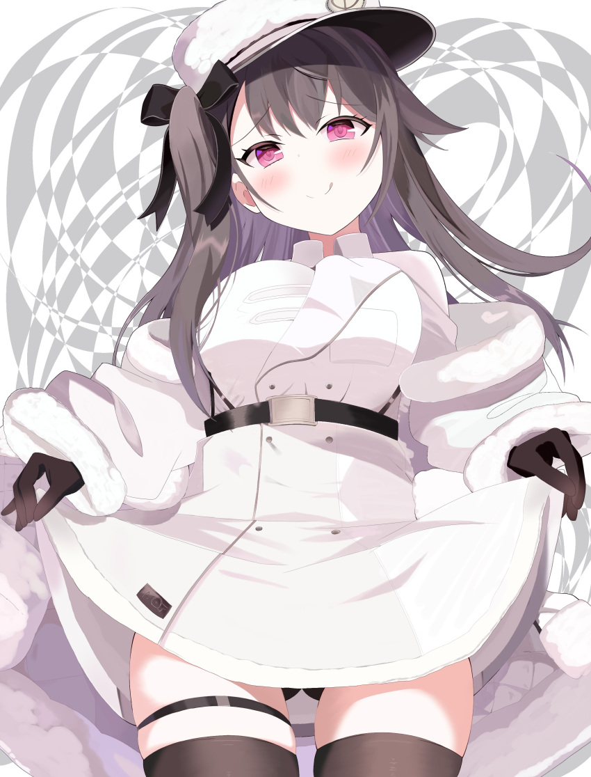 1girl absurdres azur_lane black_hair blush breasts commentary_request gloves hat highres large_breasts long_hair looking_at_viewer nochan_nel pamiat_merkuria_(azur_lane) panties pantyshot pantyshot_(standing) purple_eyes skirt skirt_lift smug solo standing thighhighs underwear winter_clothes