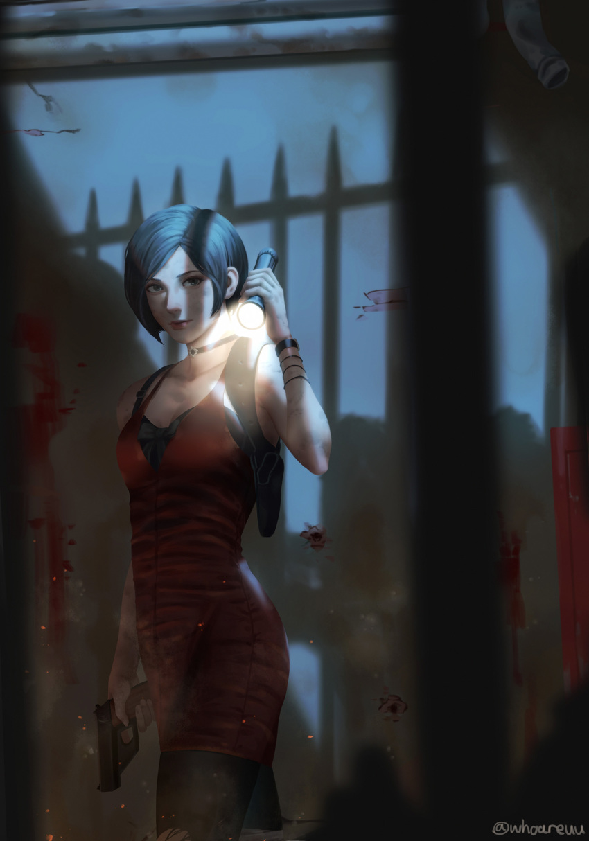 1girl ada_wong arm_up artist_name bangs bare_shoulders black_hair black_legwear bracelet breasts choker closed_mouth collarbone dress flashlight flashlight_beam gun handgun highres holding holding_flashlight holding_gun holding_weapon jewelry looking_at_viewer night red_dress resident_evil shadow short_dress short_hair sleeveless sleeveless_dress solo standing straight_hair weapon whoareuu