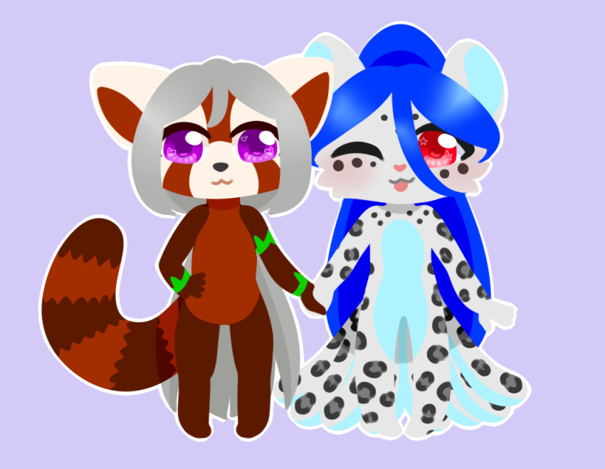 2020 5_fingers ailurid anthro biped blep chibi digital_media_(artwork) duo eyelashes featureless_crotch felid female fingers fur hair hand_holding happy humanoid_hands kaliancia long_hair looking_at_viewer mammal multi_tail naska_(zro4825) nude octipop pantherine red_body red_fur red_panda simple_background smile snow_leopard spots spotted_body spotted_fur standing striped_body striped_fur stripes tongue tongue_out white_body white_fur