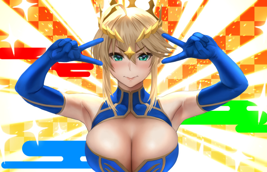 1girl ahoge artoria_pendragon_(all) artoria_pendragon_(lancer) bangs blonde_hair blue_gloves blue_leotard blush braid breasts crown emotional_engine_-_full_drive fate/grand_order fate_(series) french_braid gloves green_eyes hair_between_eyes large_breasts leotard long_hair looking_at_viewer sidelocks smile solo yamaneko_(tkdrumsco)