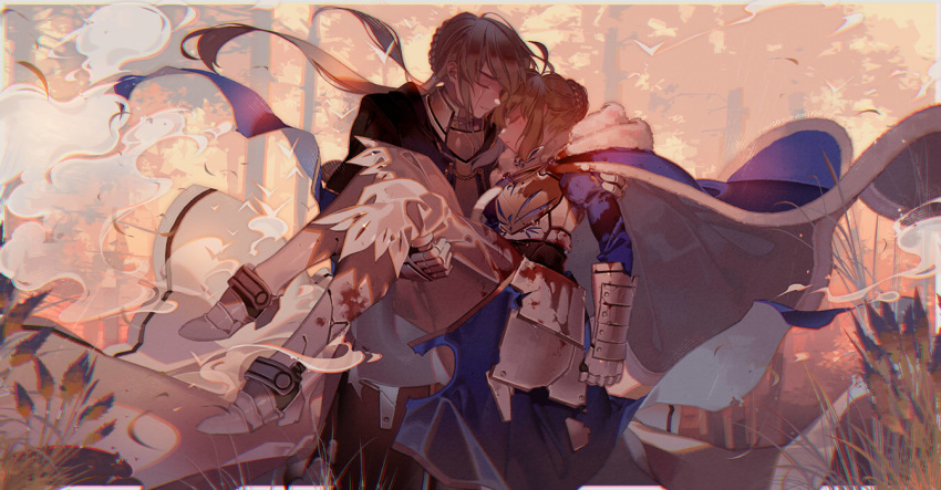 1boy 1girl ahoge armor armored_boots armored_dress artoria_pendragon_(all) bedivere blonde_hair blood blue_cape boots braid braided_bun cape carrying closed_eyes closed_mouth commentary_request crying fate/grand_order fate_(series) forest fur-trimmed_cape fur_trim gauntlets injury kawacy nature princess_carry reeds saber short_hair silver_hair streaming_tears tears tree