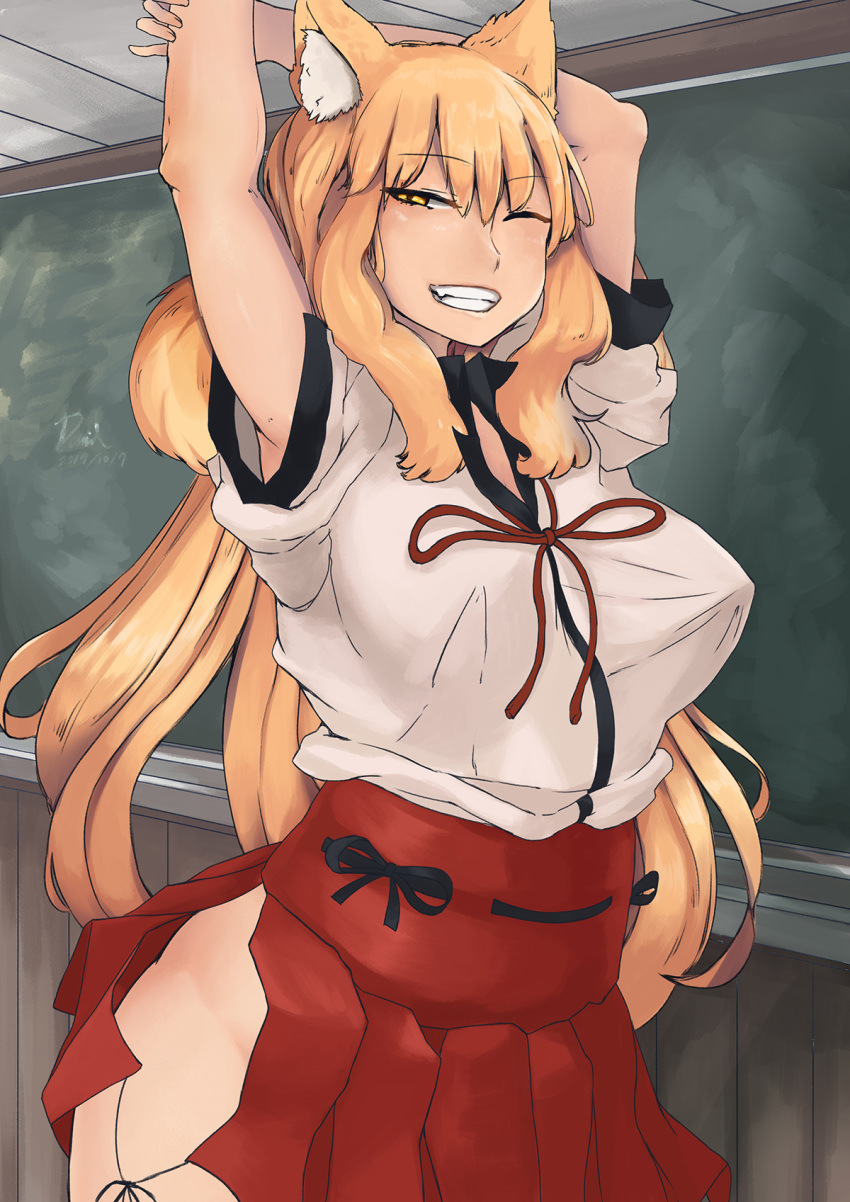 2019 animal_humanoid anime asian_clothing blonde_hair bow_tie breasts canid canid_humanoid canine canine_humanoid clothed clothing danielsung east_asian_clothing fate_(series) female fox_humanoid hair hi_res humanoid inner_ear_fluff inside japanese_clothing long_hair looking_at_viewer mammal mammal_humanoid miko_outfit nipple_outline one_eye_closed portrait smile solo suzuka_gozen three-quarter_portrait tuft wink yellow_eyes