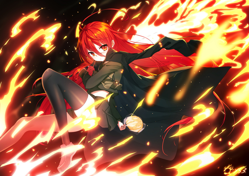 1girl ahoge alastor_(shakugan_no_shana) bai_yemeng bangs black_legwear bread fire food hair_between_eyes highres jewelry long_coat long_hair looking_at_viewer melon_bread pendant red_eyes red_hair school_uniform serafuku shakugan_no_shana shana single_thighhigh skirt solo thighhighs very_long_hair