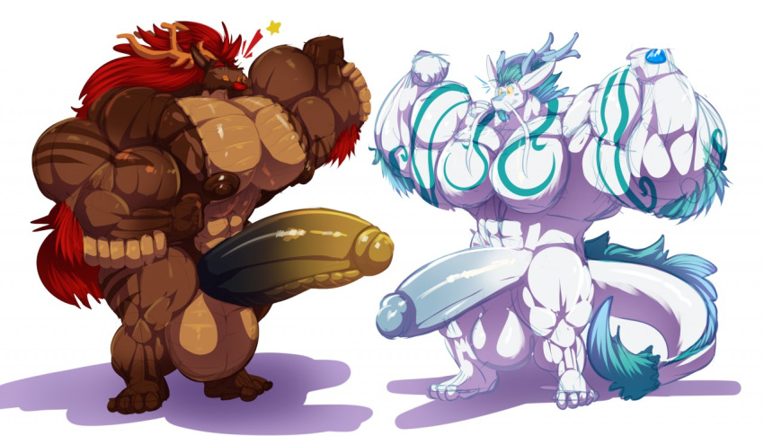 anthro antlers asian_mythology balls big_balls big_muscles big_penis blue_hair bobert brown_body brown_skin dragon east_asian_mythology eastern_dragon erection flexing genitals hair horn huge_balls huge_muscles huge_penis hyper hyper_balls hyper_genitalia hyper_muscles hyper_penis looking_at_another male muscular mythology nipples nude pecs_difference penis red_hair simple_background smile whiskers white_background white_body white_skin