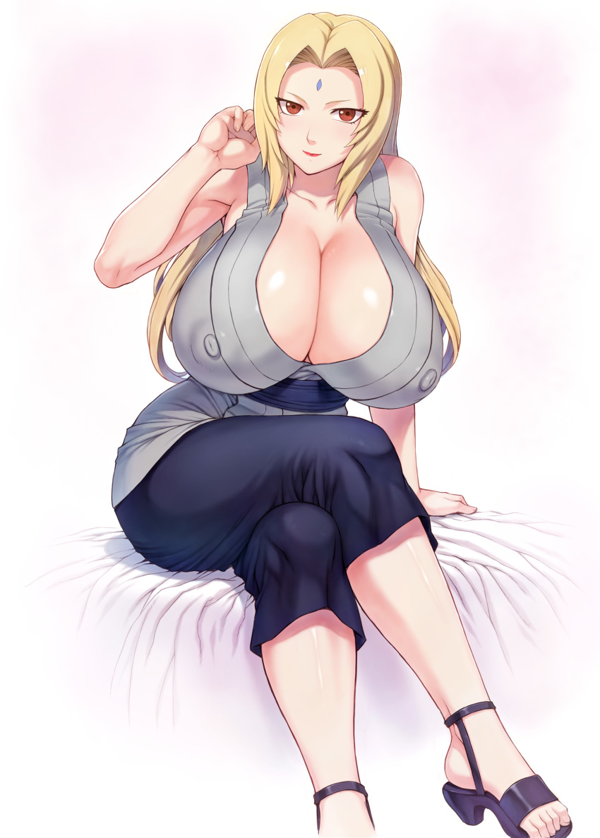 1girl arm_support bare_shoulders bed blonde_hair breasts brown_eyes cleavage commentary covered_nipples hair_intakes high_heels highres huge_breasts light_smile long_hair looking_at_viewer mogudan naruto_(series) sitting skirt solo tsunade