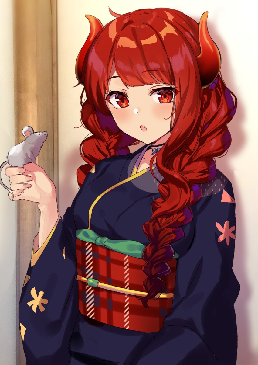 1girl absurdres animal_on_hand blue_kimono blush chinese_zodiac dola_(nijisanji) dragon_girl dragon_horns fang highres horns japanese_clothes kimono long_hair long_sleeves looking_at_viewer mouse nana_(nana_yume87) nijisanji obi open_mouth red_eyes red_hair sash solo virtual_youtuber year_of_the_rat