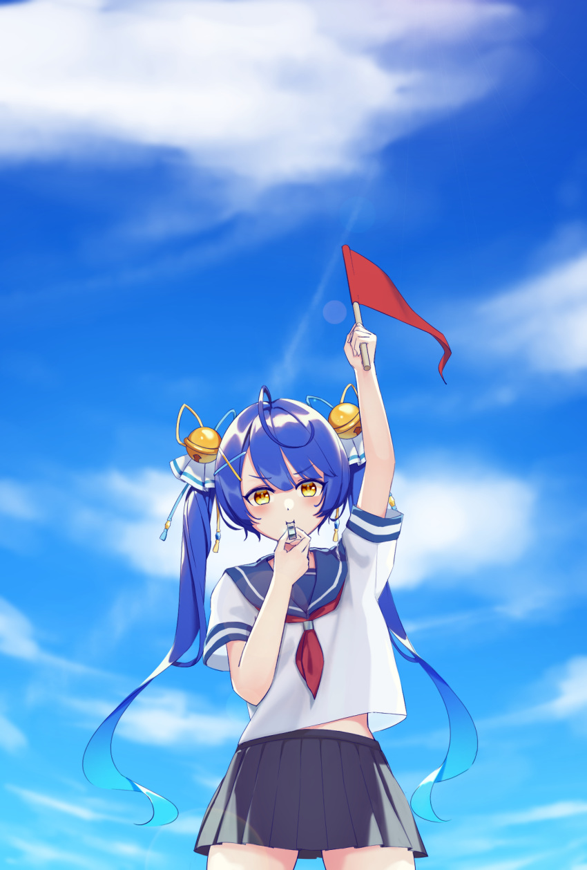 1girl amamiya_kokoro bangs bell blowing_whistle blue_hair blue_skirt blue_sky blush day flag hair_bell hair_ornament highres holding holding_flag holding_whistle jingle_bell long_hair looking_at_viewer miniskirt nijisanji outdoors pleated_skirt red_neckwear sanmi_3 school_uniform serafuku shirt short_sleeves skirt sky solo twintails virtual_youtuber white_shirt yellow_eyes