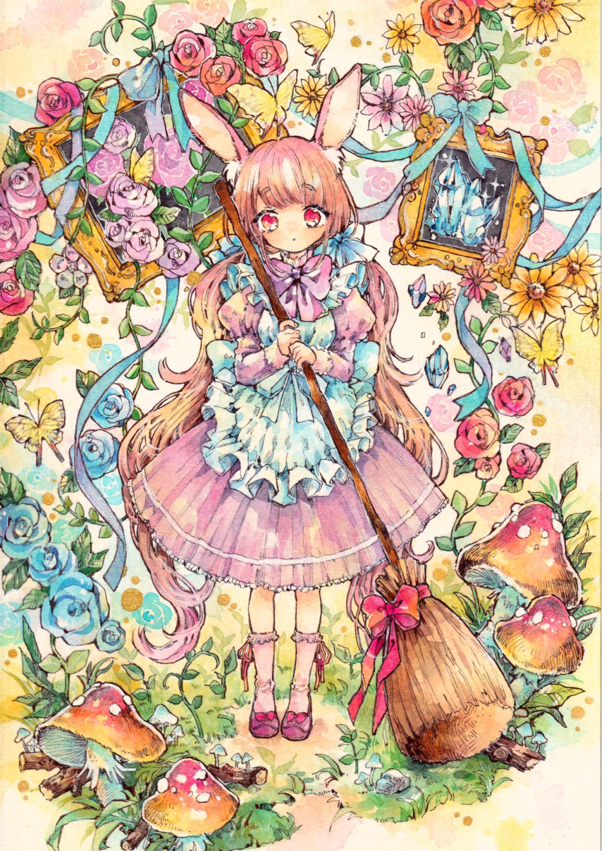 1girl animal_ears apron blue_ribbon bow bowtie broom bug bunny_ears butterfly commentary_request crystal dress flower fly_agaric frilled_apron frills full_body grass hair_ribbon highres holding holding_broom insect juliet_sleeves long_hair long_sleeves looking_at_viewer low_twintails mushroom natuki1016 original picture_frame pink_dress pink_eyes pink_hair pink_legwear puffy_sleeves ribbon rose shoe_bow shoes socks solo standing traditional_media twintails very_long_hair watercolor_(medium)