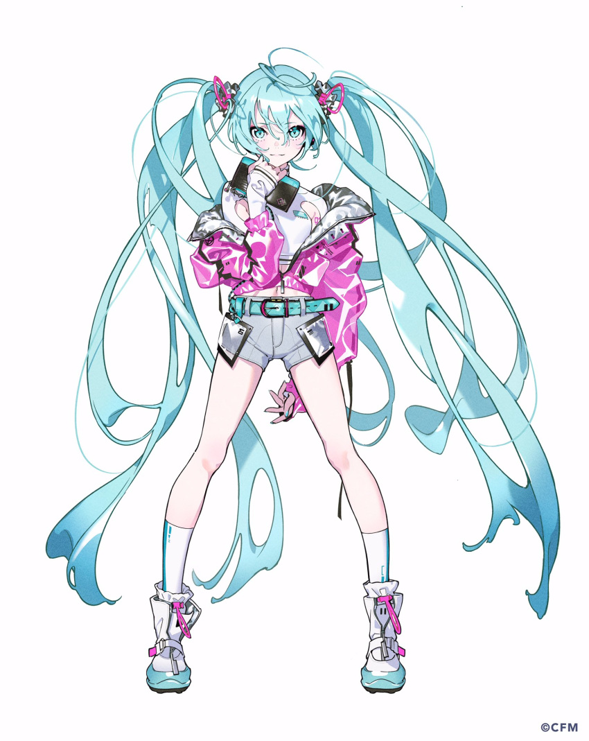 1girl alternate_costume alternate_hair_ornament arm_behind_back bag bare_legs belt blue_eyes blue_hair blue_nails closed_eyes commentary_request crop_top eyebrows_visible_through_hair fingernails floating_hair full_body grey_shorts hair_between_eyes hand_up handbag hatsune_miku highres holding holding_handbag jacket legs_apart light_smile long_hair looking_at_viewer midriff navel number open_clothes open_jacket partially_unzipped pink_jacket shiny shiny_clothes shiny_hair shoes short_shorts shorts sidelocks simple_background sneakers socks solo standing striped striped_legwear tattoo twintails unzipped very_long_hair vocaloid white_background white_footwear white_legwear yoneyama_mai