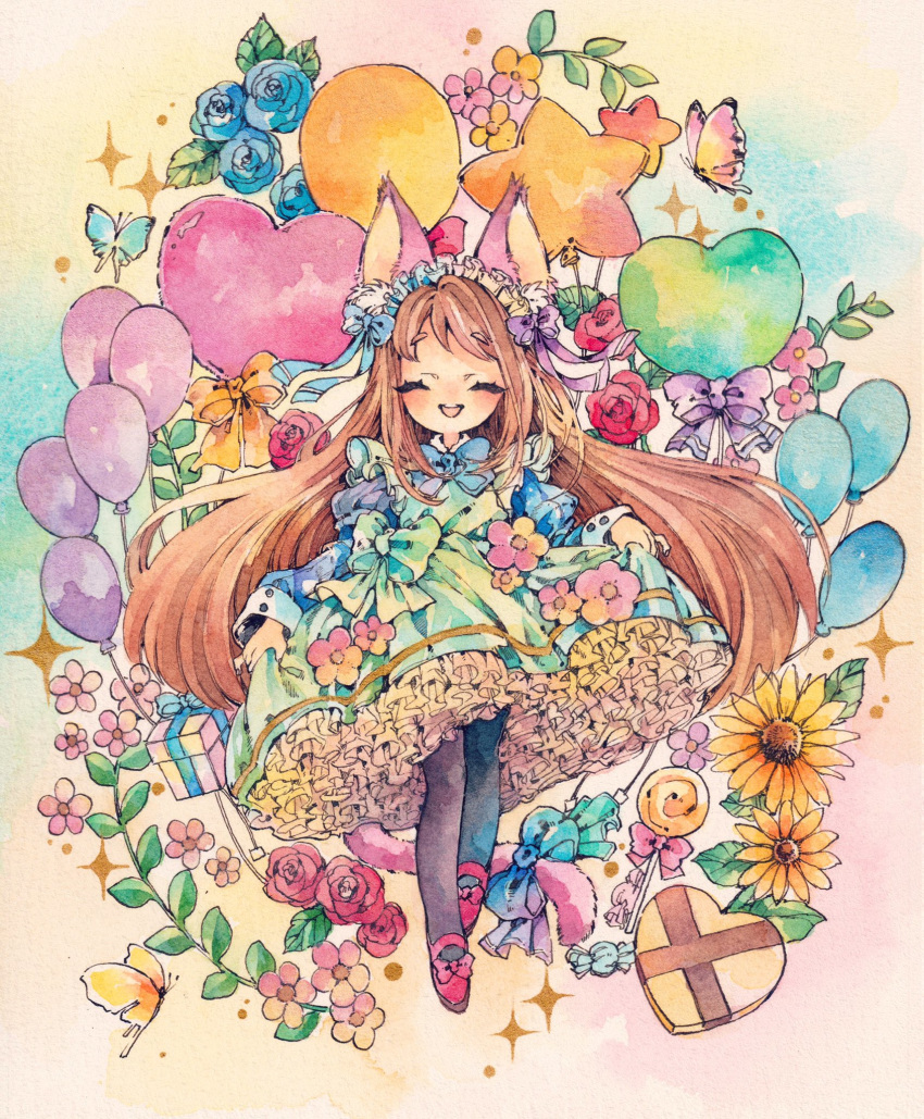 1girl :d animal_ears black_legwear blue_shirt bow bowtie box brown_hair bug butterfly candy cat_ears cat_tail closed_eyes commentary_request dress dress_flower facing_viewer floral_background flower food frills full_body gift gift_box green_dress hair_bow hairband heart heart_balloon highres insect juliet_sleeves lolita_fashion lolita_hairband lollipop long_hair long_sleeves natuki1016 open_mouth original pantyhose petticoat puffy_sleeves red_footwear rose shirt shoe_bow shoes skirt_hold smile solo star_balloon sunflower swirl_lollipop tail tail_bow traditional_media very_long_hair watercolor_(medium) wrapped_candy