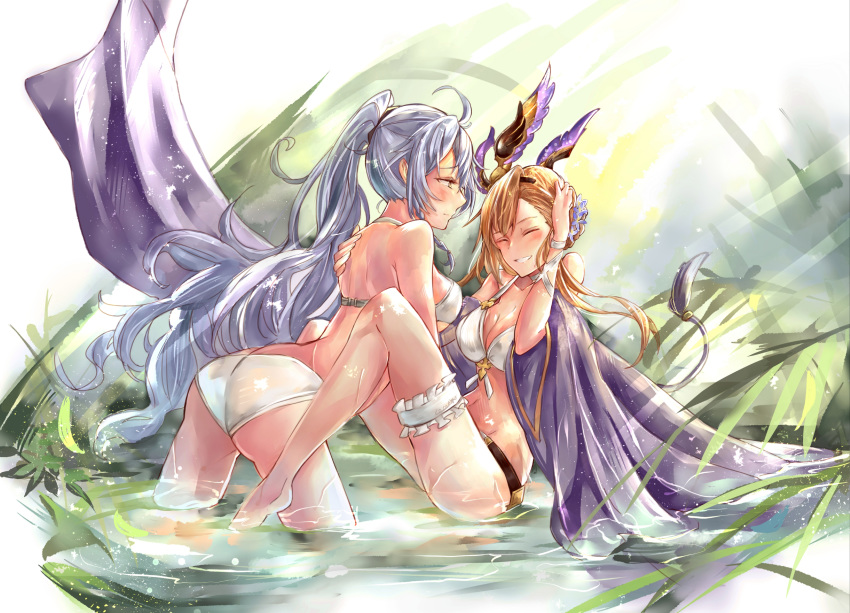 2girls absurdres ahoge bikini_bottom bikini_top blush breasts brown_hair cleavage closed_eyes cocoka colorized commentary_request granblue_fantasy grin hair_ornament hand_on_another's_shoulder highres long_hair multiple_girls ponytail silva_(granblue_fantasy) silver_hair smile song_(granblue_fantasy) swimsuit thigh_strap very_long_hair water wet wrist_straps yellow_eyes yuri