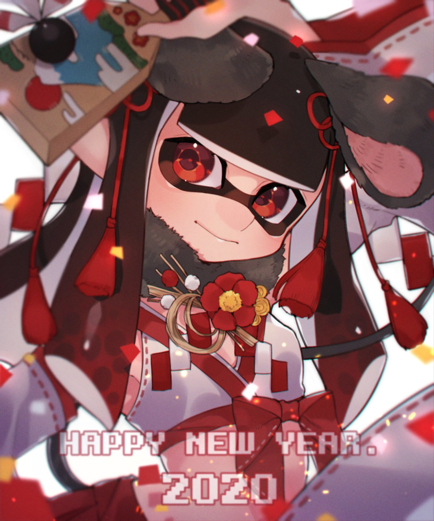 1girl 2020 animal_ears arm_up bangs black_hair blunt_bangs chinese_zodiac closed_mouth commentary crop_top detached_sleeves domino_mask ema english_commentary english_text fake_animal_ears fake_tail flower fur_collar gradient_hair happy_new_year highres holding inkling long_hair looking_at_viewer mask mouse_ears mouse_tail multicolored_hair new_year nontraditional_miko pointy_ears prat_rat red_eyes red_hair red_skirt skirt smile solo sparkle splatoon_(series) tail tentacle_hair upper_body white_sleeves year_of_the_rat