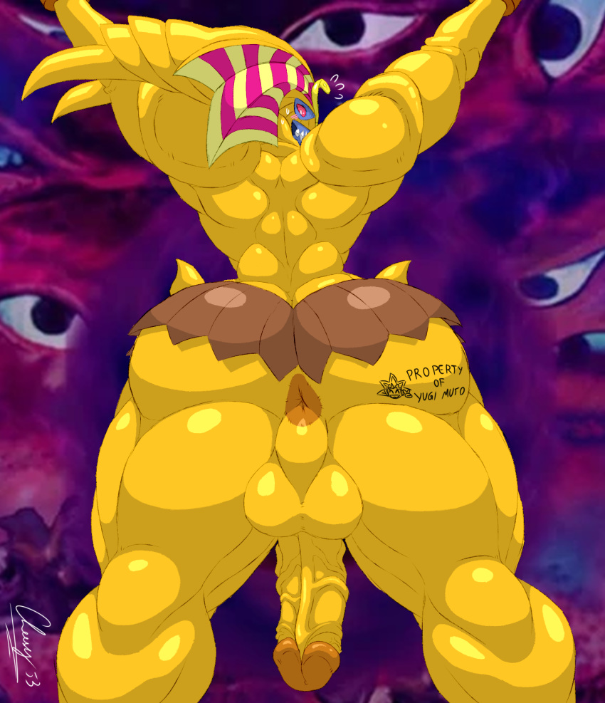 backsack balls blue_body blue_skin bodily_fluids body_writing bottomwear cheese_cake clothing exodia_the_forbidden_one genitals hi_res humanoid immobilized konami leather loincloth looking_at_viewer male muscular red_eyes skirt solo standing sweat undead yellow_body yu-gi-oh yugi_muto