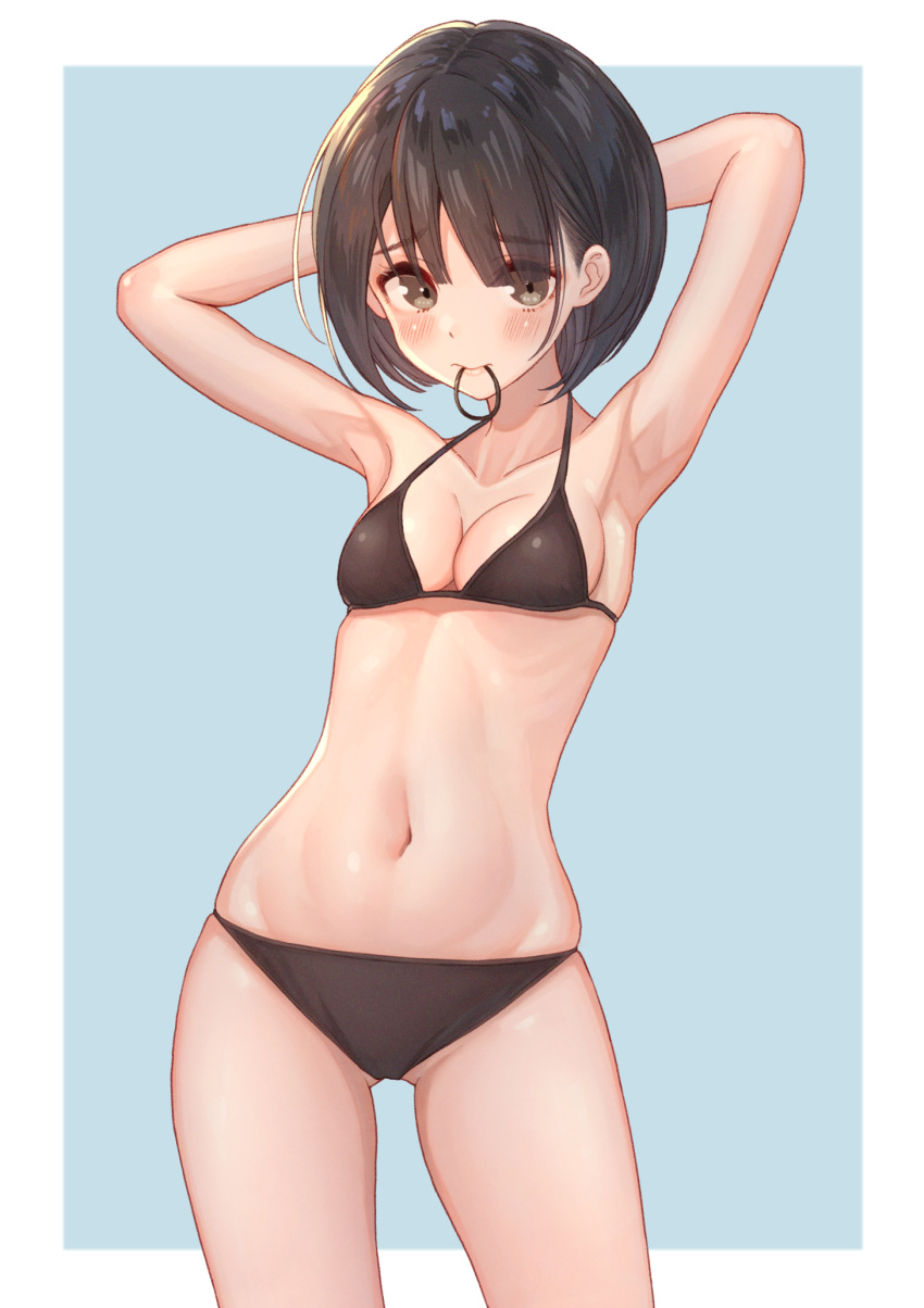 1girl adjusting_hair armpits arms_behind_head arms_up bangs black_bra black_hair black_panties blue_background blush bob_cut bra breasts brown_eyes cleavage contrapposto cowboy_shot embarrassed hair_strand hairband hairband_removed highres midriff mouth_hold navel original outside_border panties short_hair small_breasts solo tanbonota46 underwear