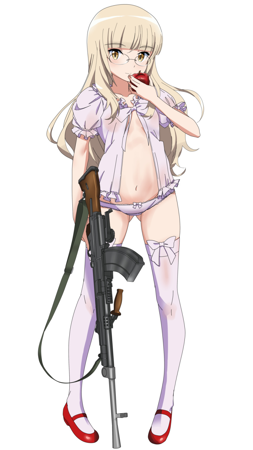 1girl apple blonde_hair blush breasts closed_mouth collarbone food fruit full_body glasses groin gun highres kaneko_(novram58) lingerie long_hair looking_at_viewer navel negligee panties perrine_h_clostermann pink_legwear pink_panties red_footwear rifle shiny shiny_hair simple_background small_breasts smile solo standing strike_witches thighhighs underwear underwear_only weapon white_background world_witches_series