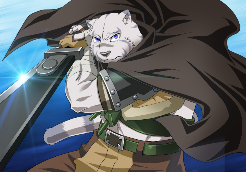 alios anthro arm_wraps armor belt blue_eyes clothed clothing felid fur grimoire_of_zero hi_res holding_object looking_at_viewer mammal mercenary_(character) pantherine solo striped_body striped_fur stripes tiger wraps wrist_wraps