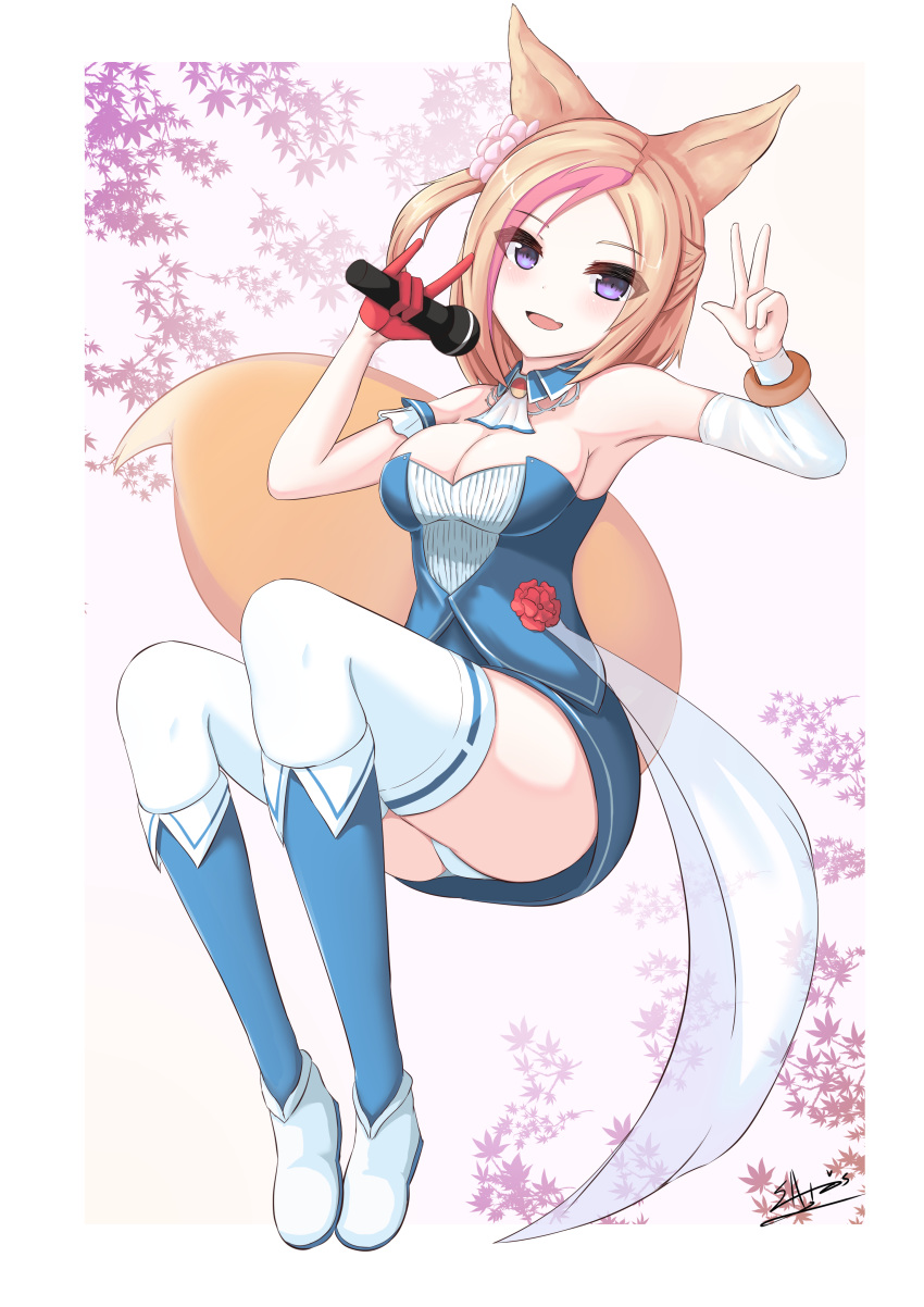 1girl :d absurdres animal_ears ass bangs bare_shoulders blue_legwear blue_sky blush breasts cleavage commentary_request copyright_request detached_sleeves eyebrows_visible_through_hair fang flower fox_ears fox_girl fox_shadow_puppet fox_tail full_body gloves hair_flower hair_ornament half_gloves highres holding holding_microphone ichikawayan kneehighs large_breasts leaf leaf_background light_brown_hair long_sleeves looking_at_viewer microphone multicolored_hair one_side_up open_mouth panties parted_bangs pink_flower pink_hair purple_eyes red_gloves shoes signature single_detached_sleeve single_glove sky smile solo strapless streaked_hair tail thighhighs underwear virtual_youtuber w white_footwear white_legwear white_panties white_sleeves