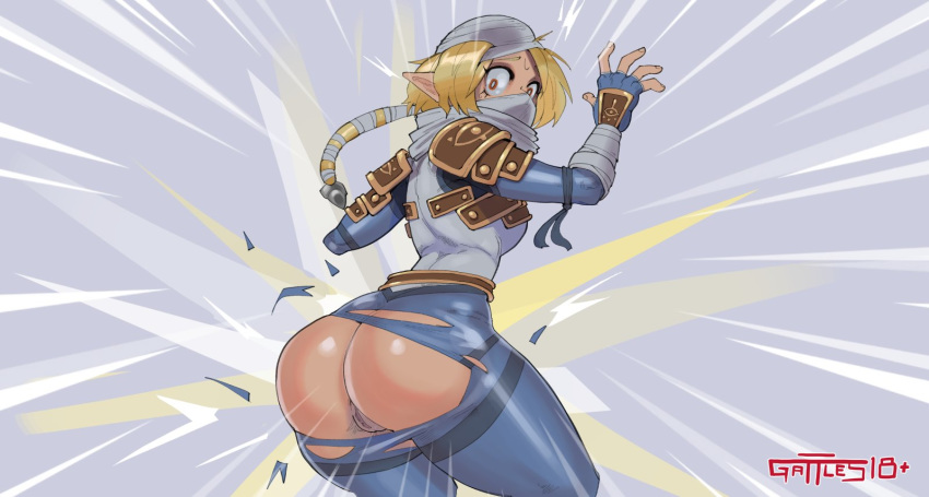 2020 blonde_hair breasts butt clothed clothing digital_media_(artwork) female gattles genitals hair hi_res humanoid humanoid_pointy_ears hylian looking_at_viewer mammal nintendo princess_zelda pubes pussy sheik simple_background solo the_legend_of_zelda torn_clothing video_games wardrobe_malfunction