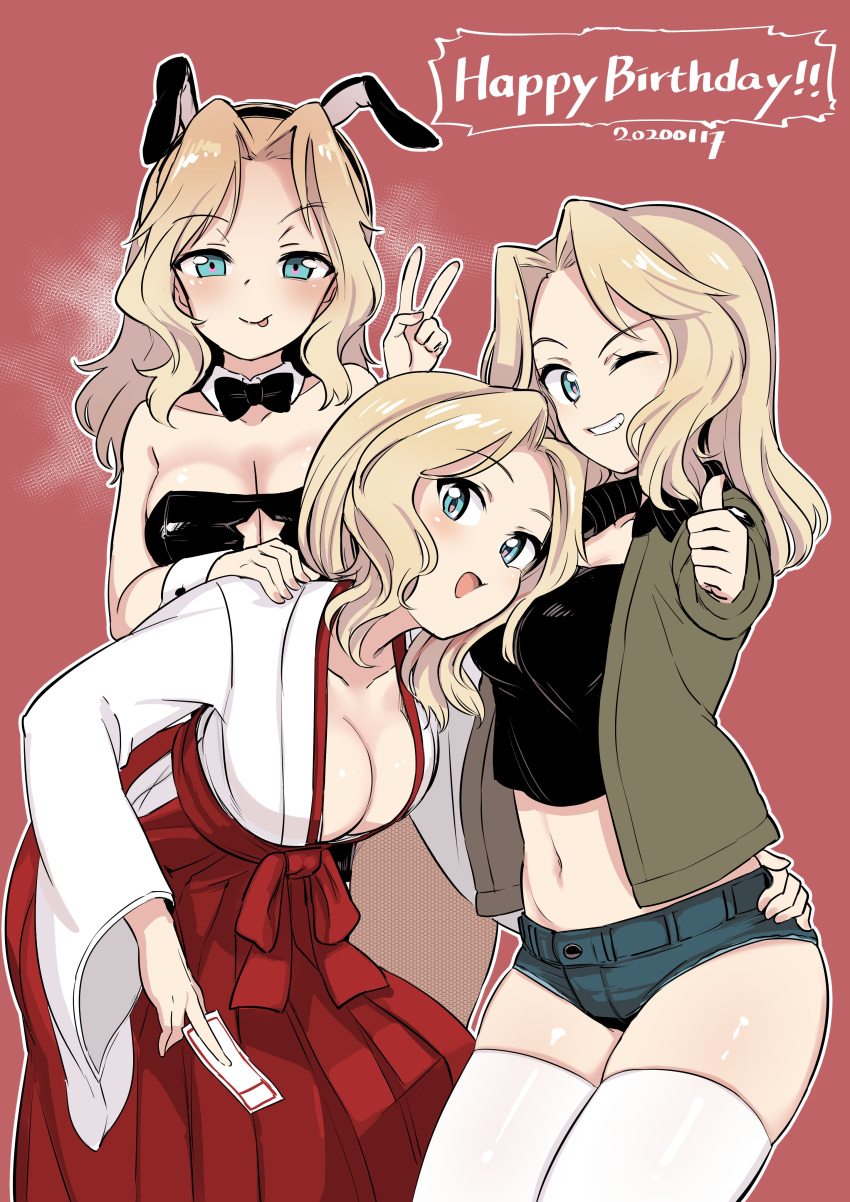 3girls :p ;) absurdres alternate_costume animal_ears aomushi_(mushamusha) black_leotard black_neckwear black_shirt blonde_hair blue_eyes blue_shorts bow bowtie breasts brown_jacket bunny_ears bunnysuit cleavage collar commentary dated denim denim_shorts detached_collar english_text fake_animal_ears girls_und_panzer grin hair_intakes hakama hakama_skirt hand_on_another's_shoulder happy_birthday highres hug jacket japanese_clothes kay_(girls_und_panzer) kimono large_breasts leaning_forward leotard long_hair long_sleeves looking_at_viewer micro_shorts midriff miko military military_uniform multiple_girls multiple_persona navel one_eye_closed open_clothes open_jacket open_mouth outline red_background red_hakama saunders_military_uniform shirt shorts skindentation smile standing star_cutout steam strapless strapless_leotard thighhighs thumbs_up tongue tongue_out uniform v white_collar white_kimono white_legwear white_outline white_sleeves wing_collar